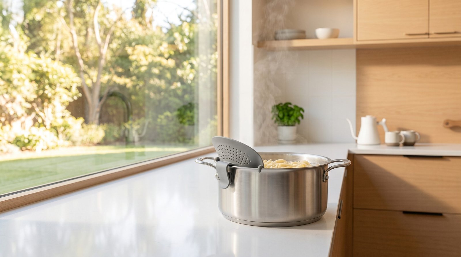 Heat resistant silicone clip-on pot strainer attached to stainless steel cookware