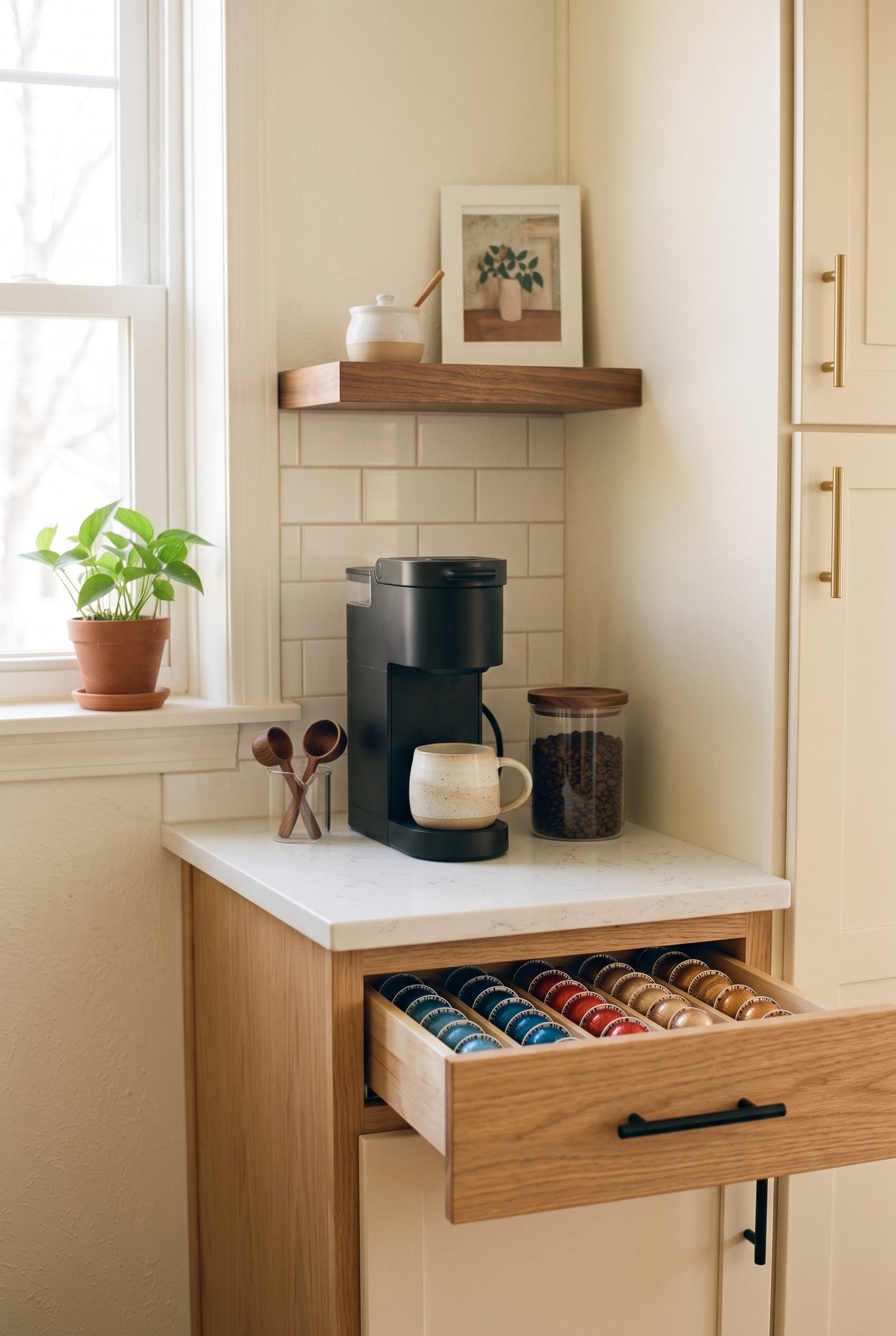 Space-saving coffee pod organizer under a compact coffee maker