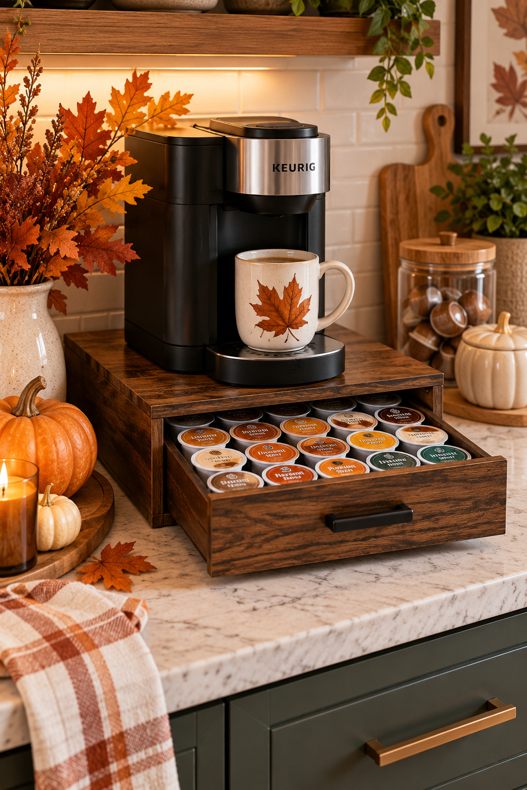 Coffee pod storage drawer for cozy fall coffee bar ideas