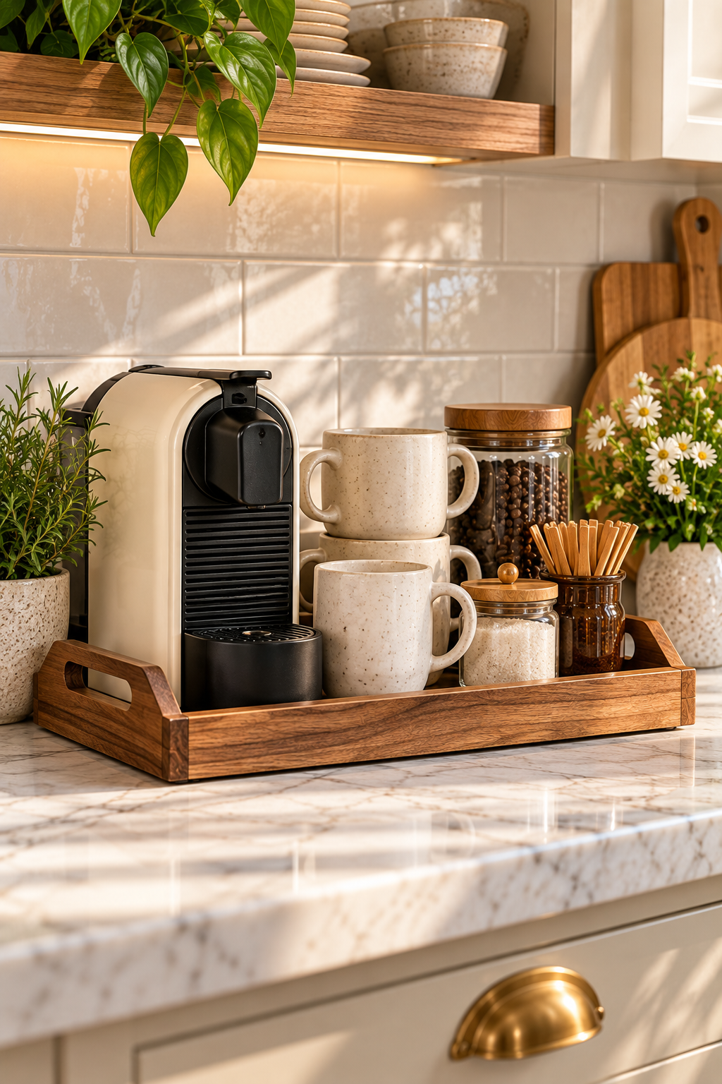 Coffee station tray with mugs and coffee essentials on a kitchen countertop