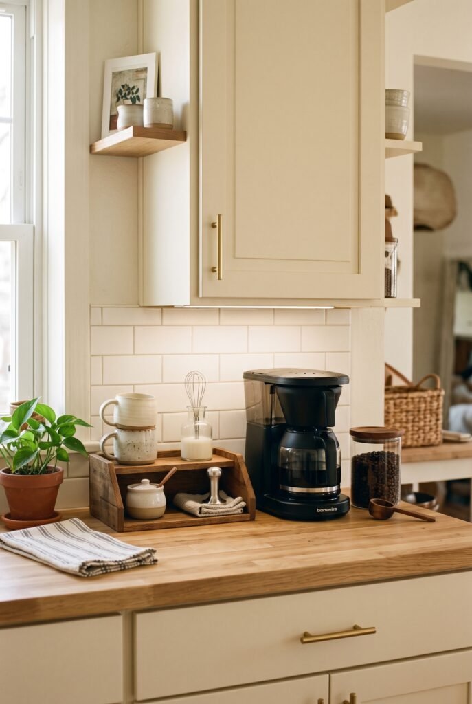 Coffee station essentials for apartments in a cozy organized kitchen corner