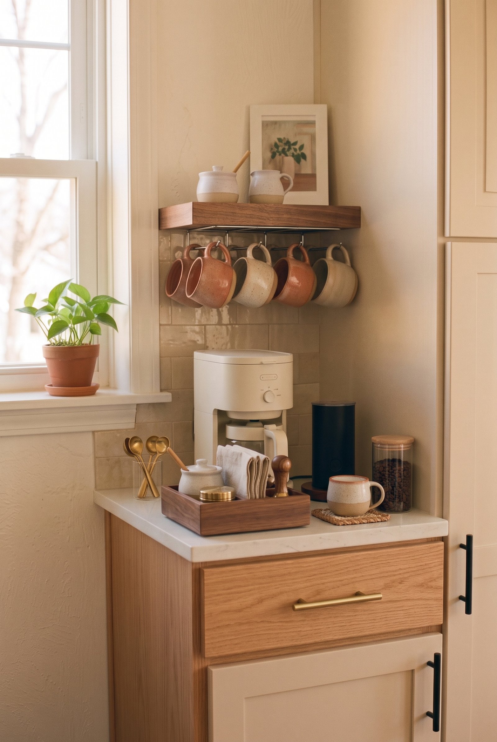 Wood organizer tray holding accessories in a cozy apartment coffee station