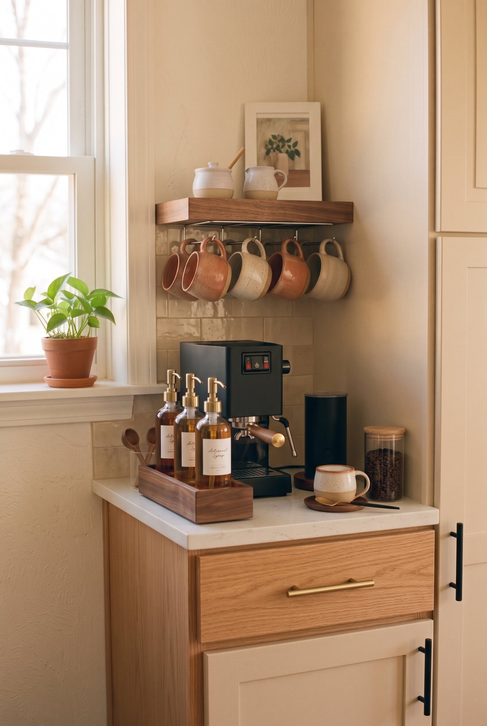 Compact coffee syrup organizer with glass bottles in an apartment coffee station