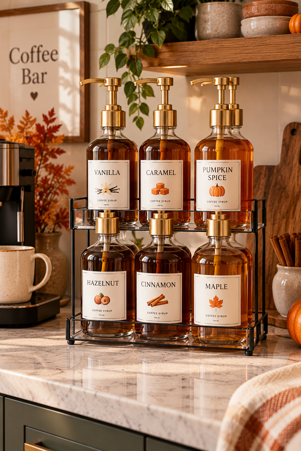 Coffee syrup organizer rack for an organized fall coffee bar