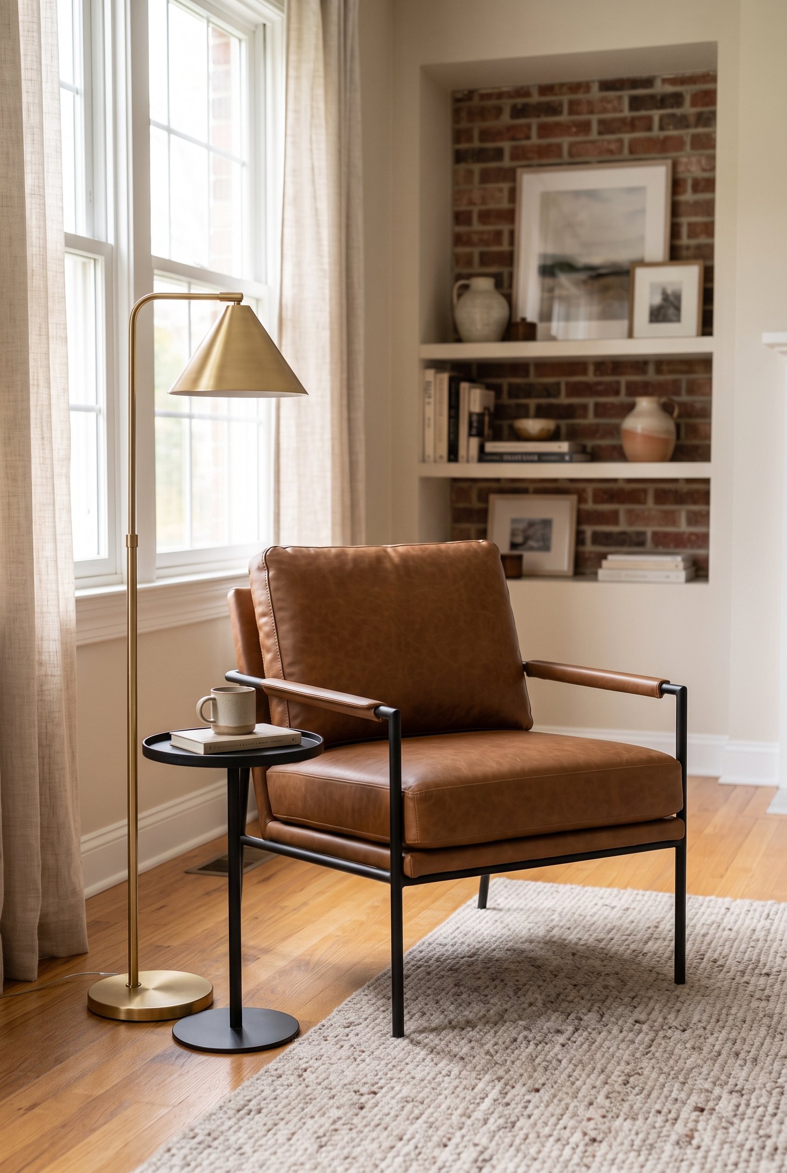Cognac faux leather accent chair with black metal frame in a modern living room