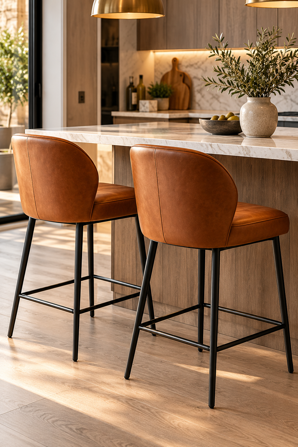 Cognac leather counter stool for modern kitchen island