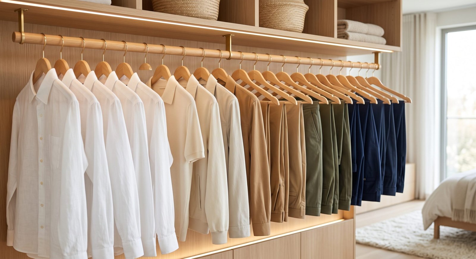 capsule wardrobe organization tips organizing shirts and pants by color