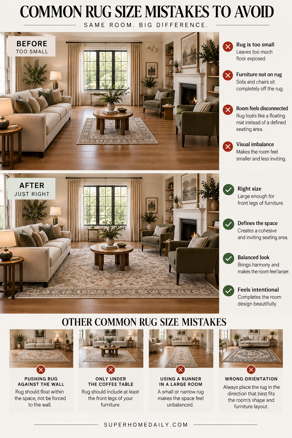 Common rug size mistakes showing a rug that is too small compared with a properly sized living room rug