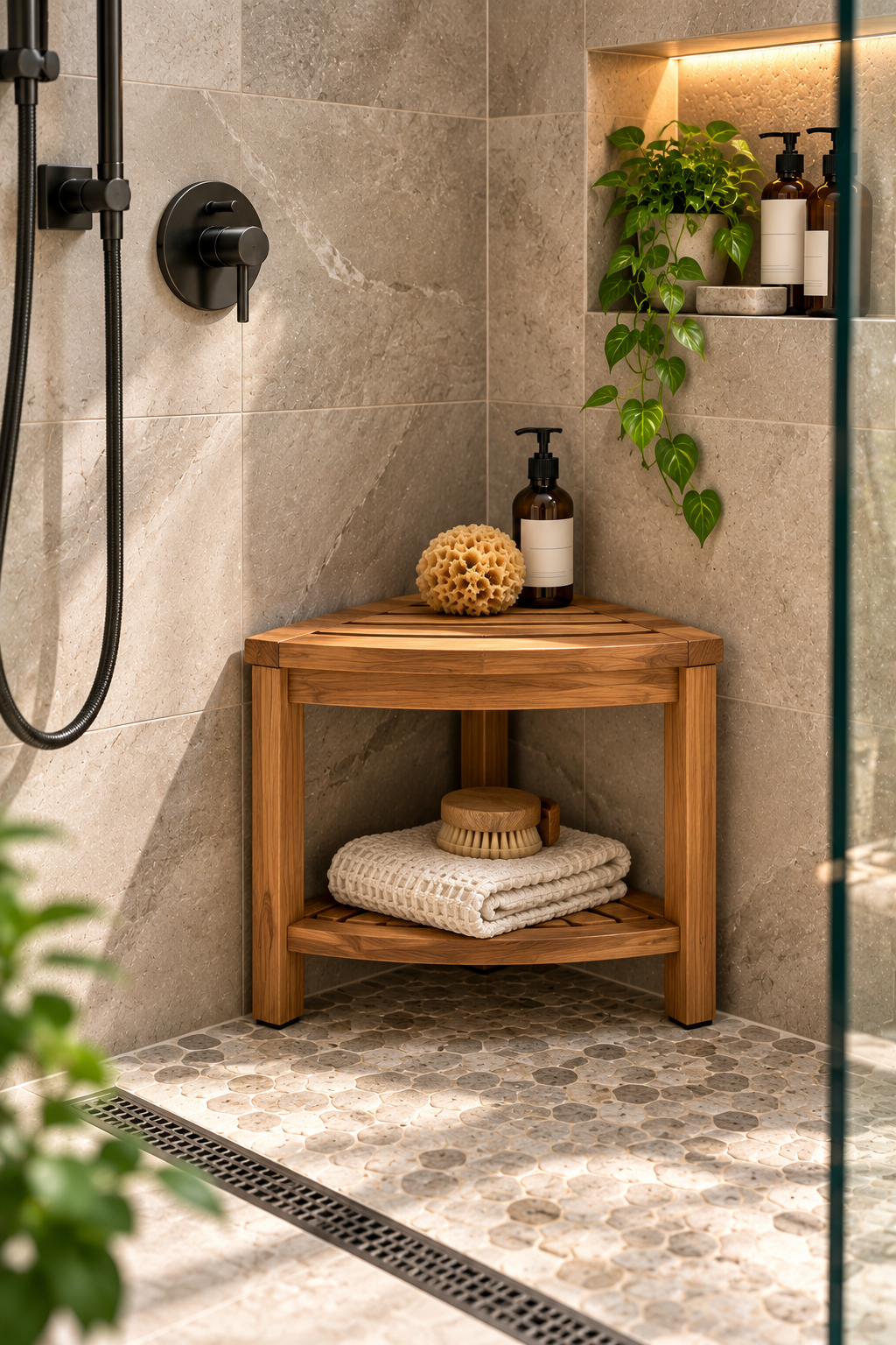Compact corner shower stool in a modern walk-in shower