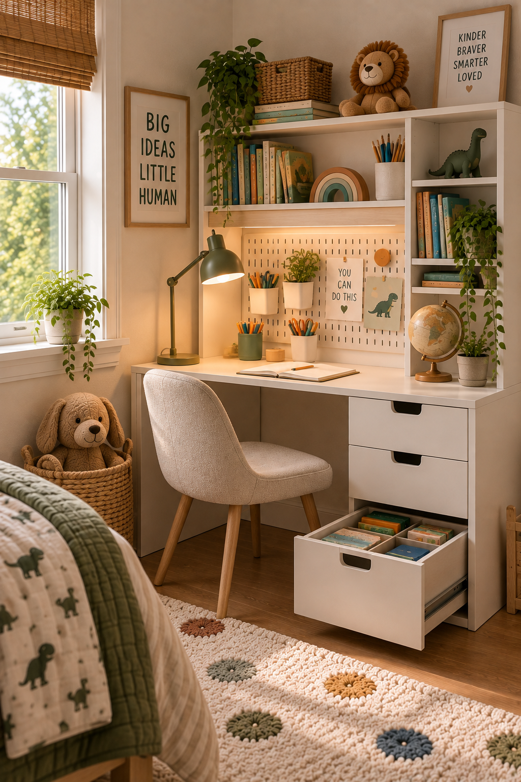 Compact kids study desk with storage for a small bedroom