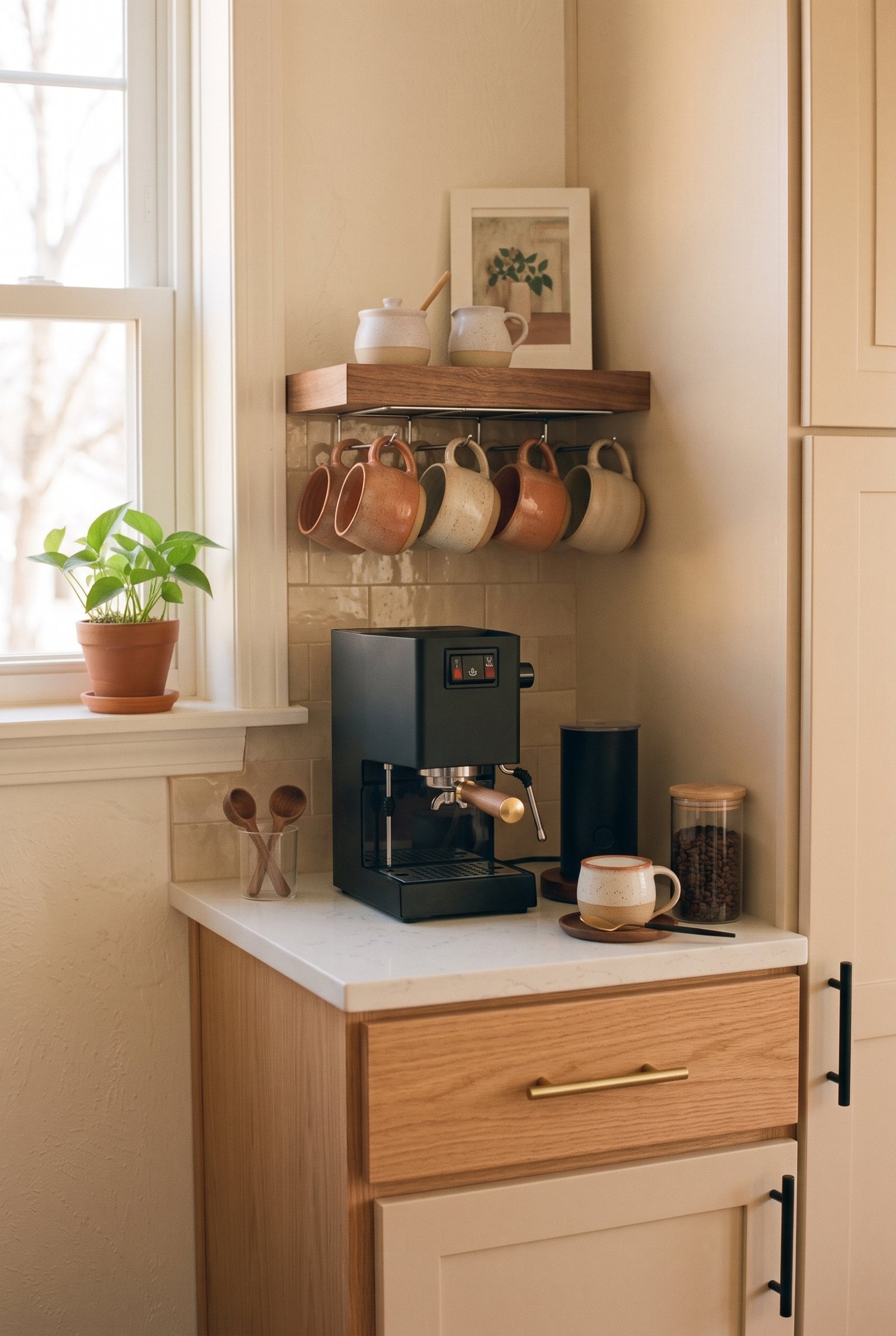 Compact milk frother beside an espresso machine in a small apartment coffee station