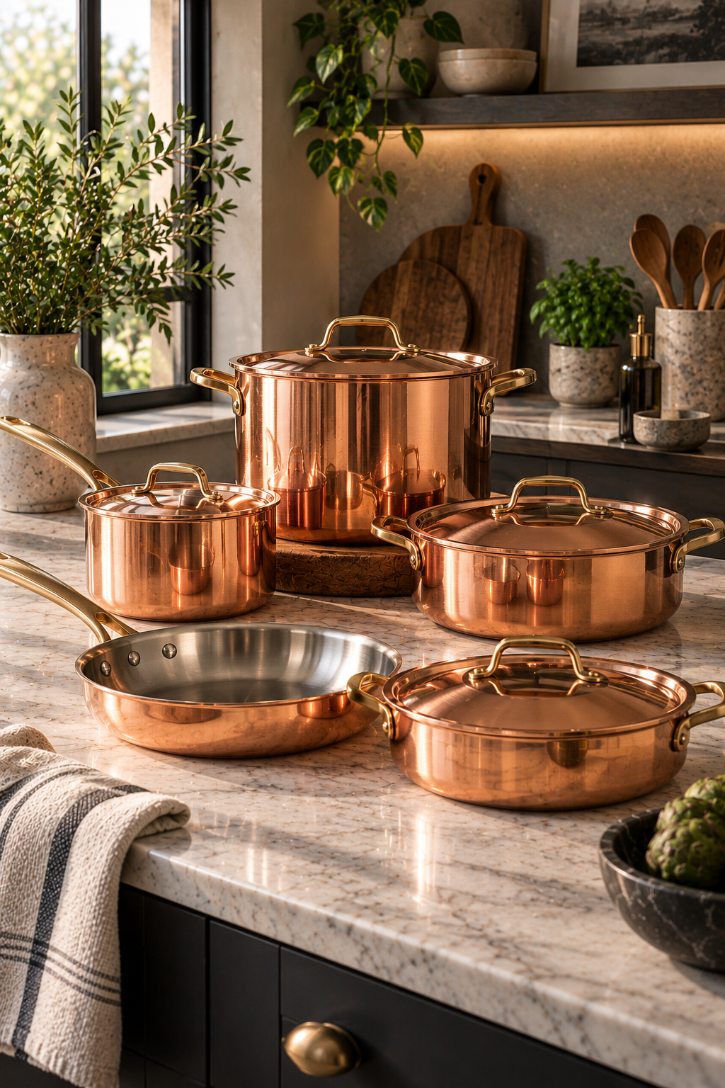 Copper cookware in an elegant designer-inspired kitchen
