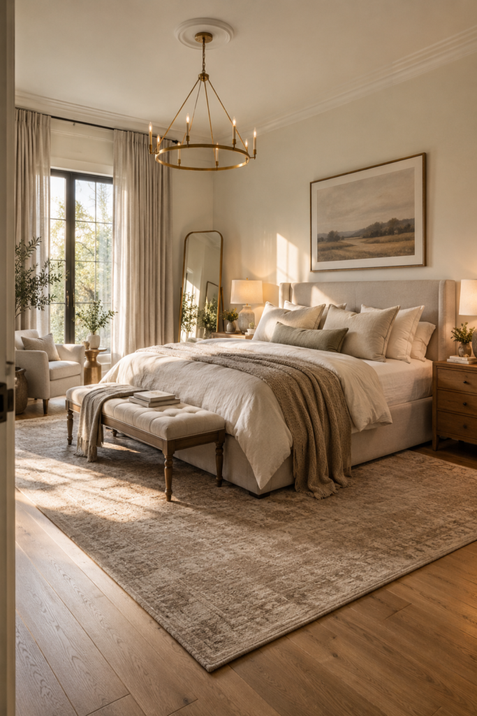 Cozy bedroom essentials in a warm and stylish American bedroom