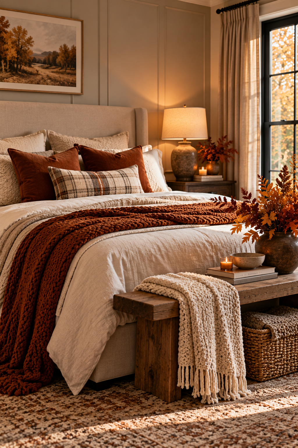 Cozy fall bedroom decor with layered bedding and warm seasonal accents