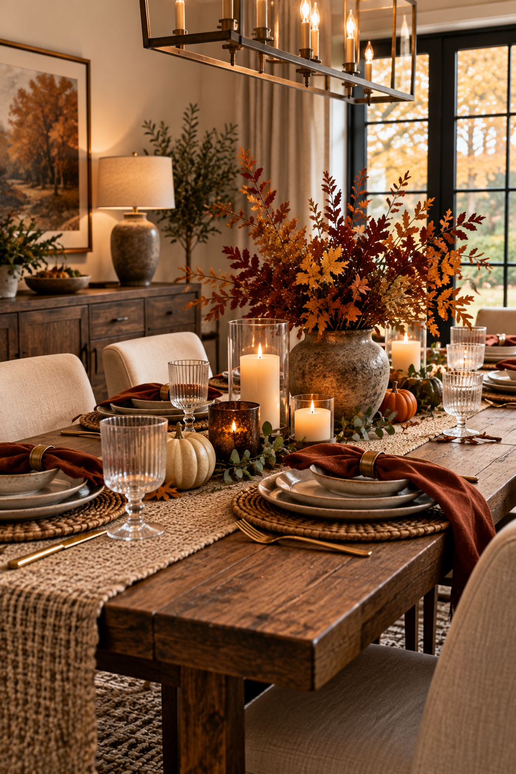 Cozy fall dining table decor with candles and seasonal autumn accents