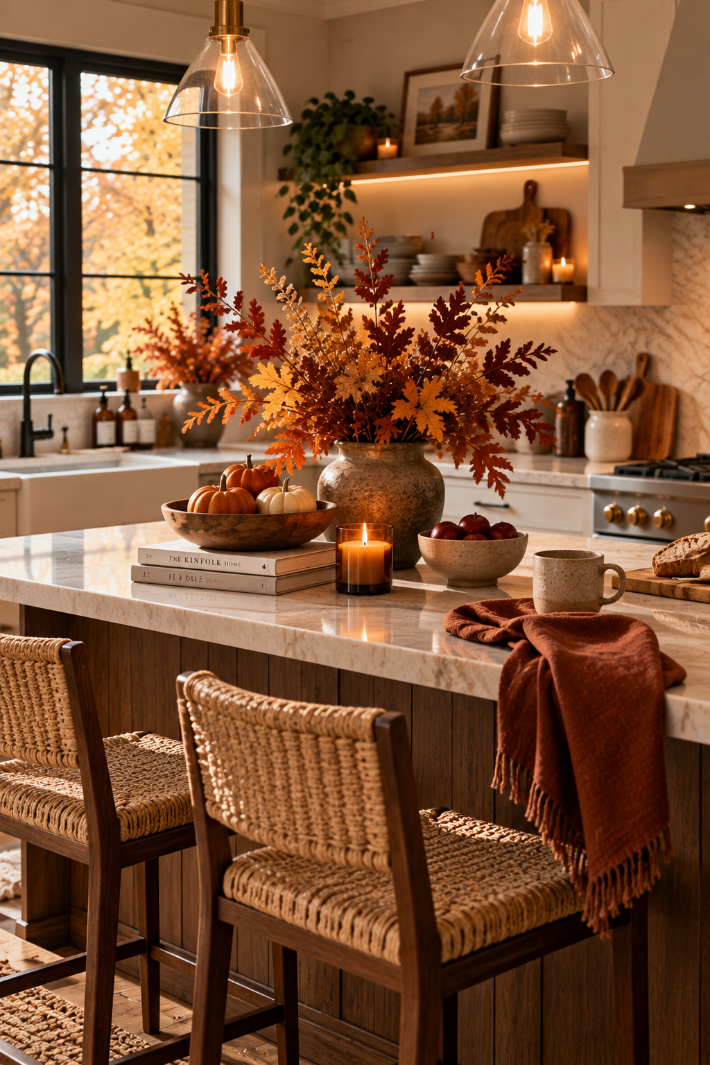 Warm fall kitchen decor with natural branches and seasonal accents