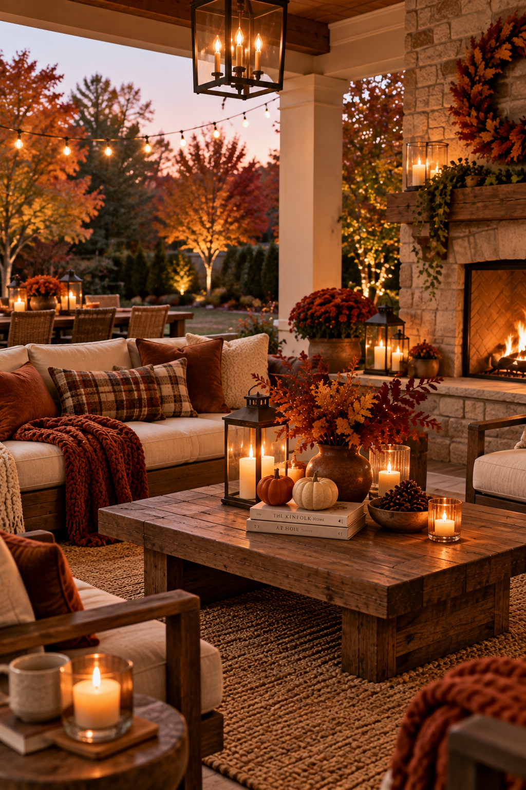 Cozy fall patio with warm lighting, layered textiles, and seasonal decor