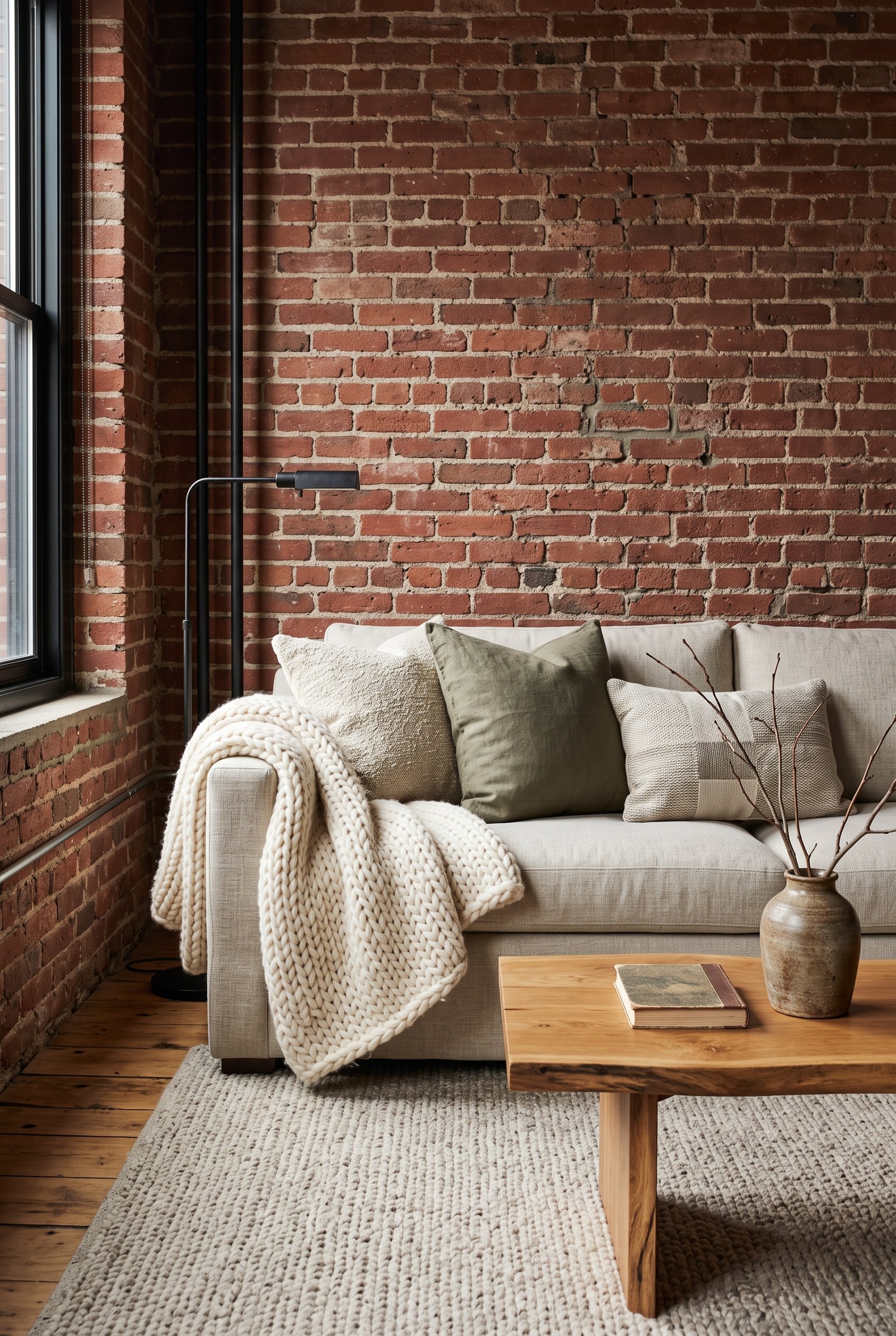 Cozy industrial living room layered with soft textiles, neutral pillows, a wool rug, and warm brick