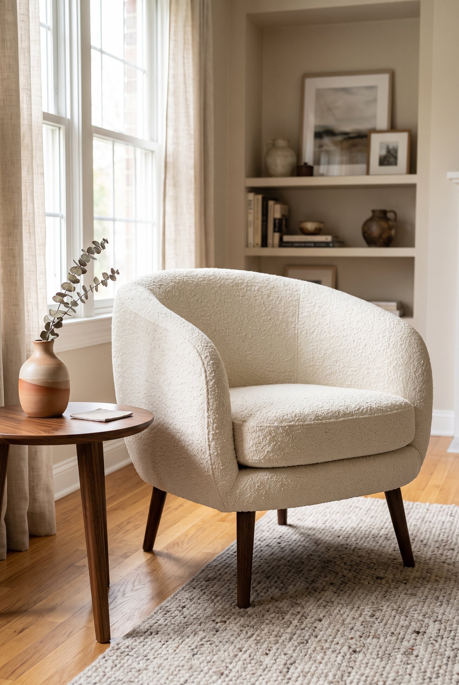 Cream bouclé barrel accent chair in a modern neutral living room