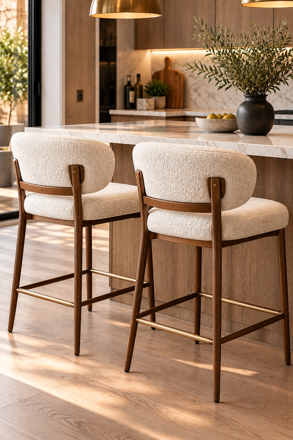 Cream bouclé and leather counter stool for modern kitchen island
