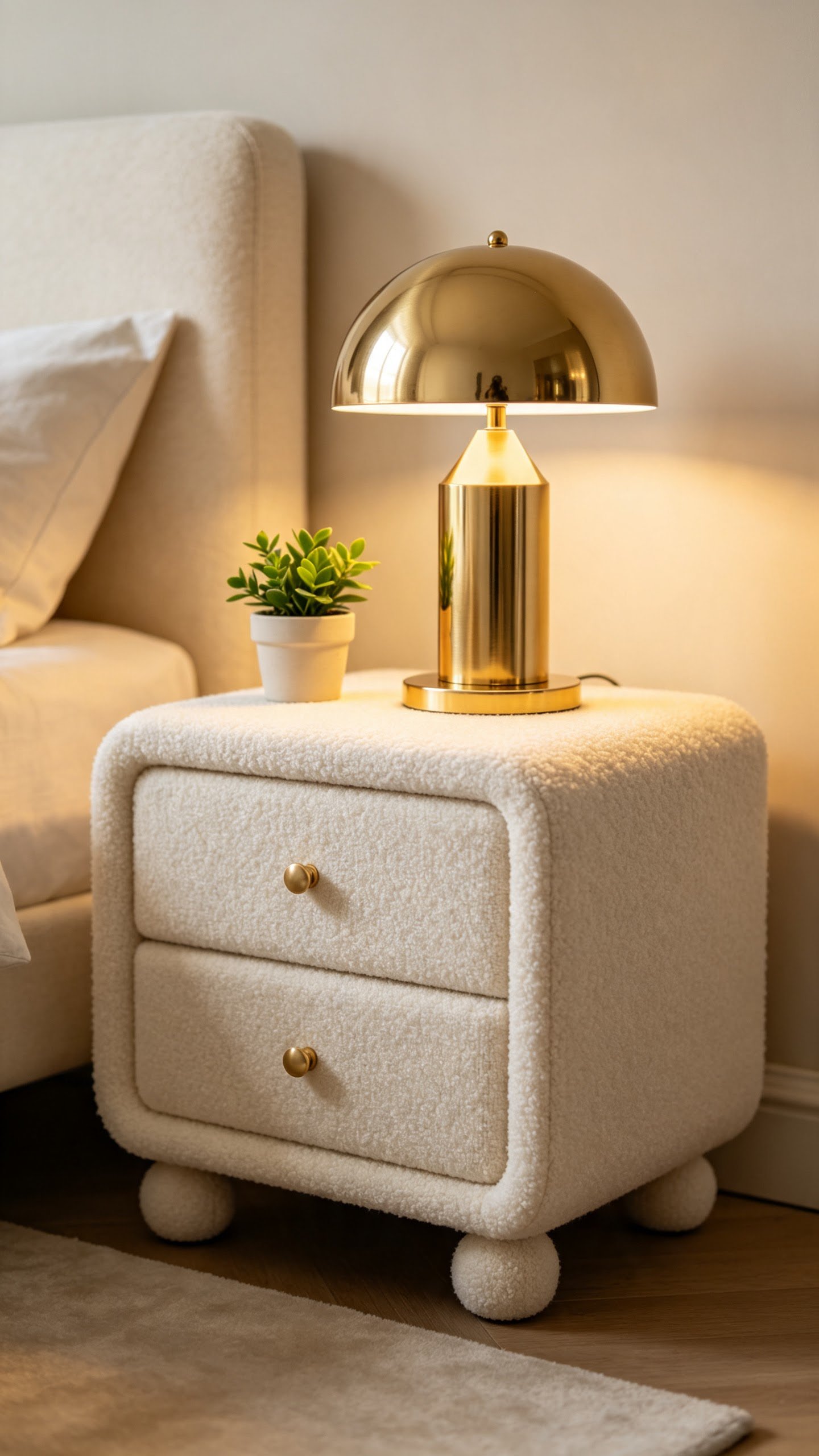 trending nightstand designs featuring cream boucle upholstered texture