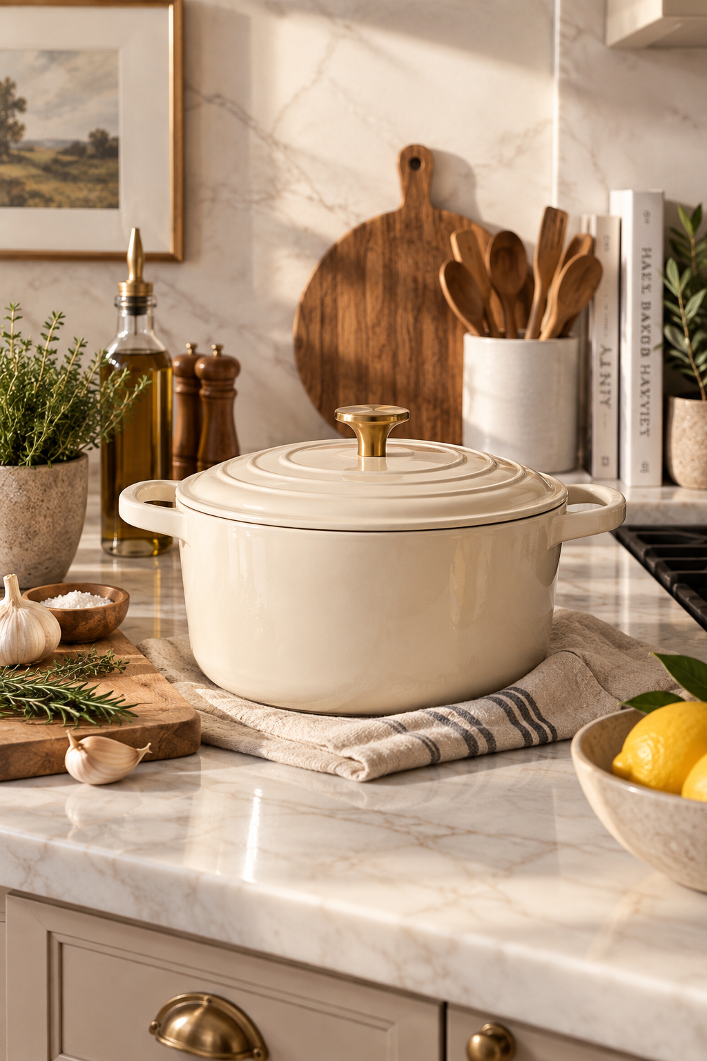 Cream enameled Dutch oven in a stylish modern kitchen
