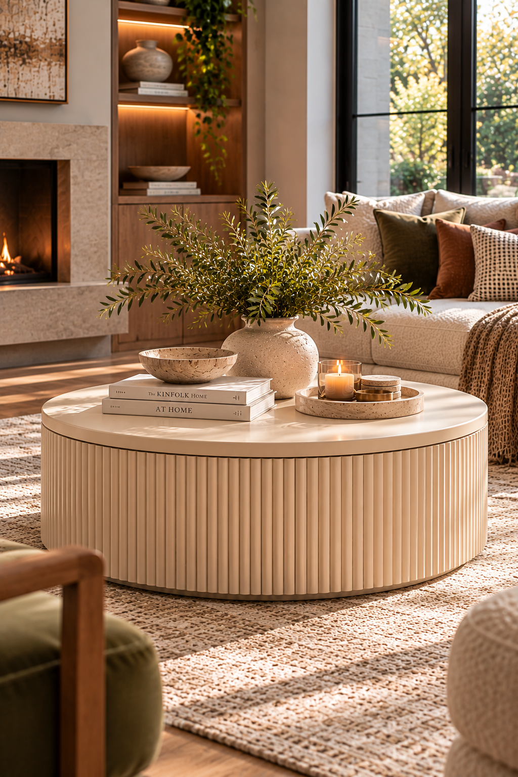 Cream fluted storage statement coffee table in a modern living room