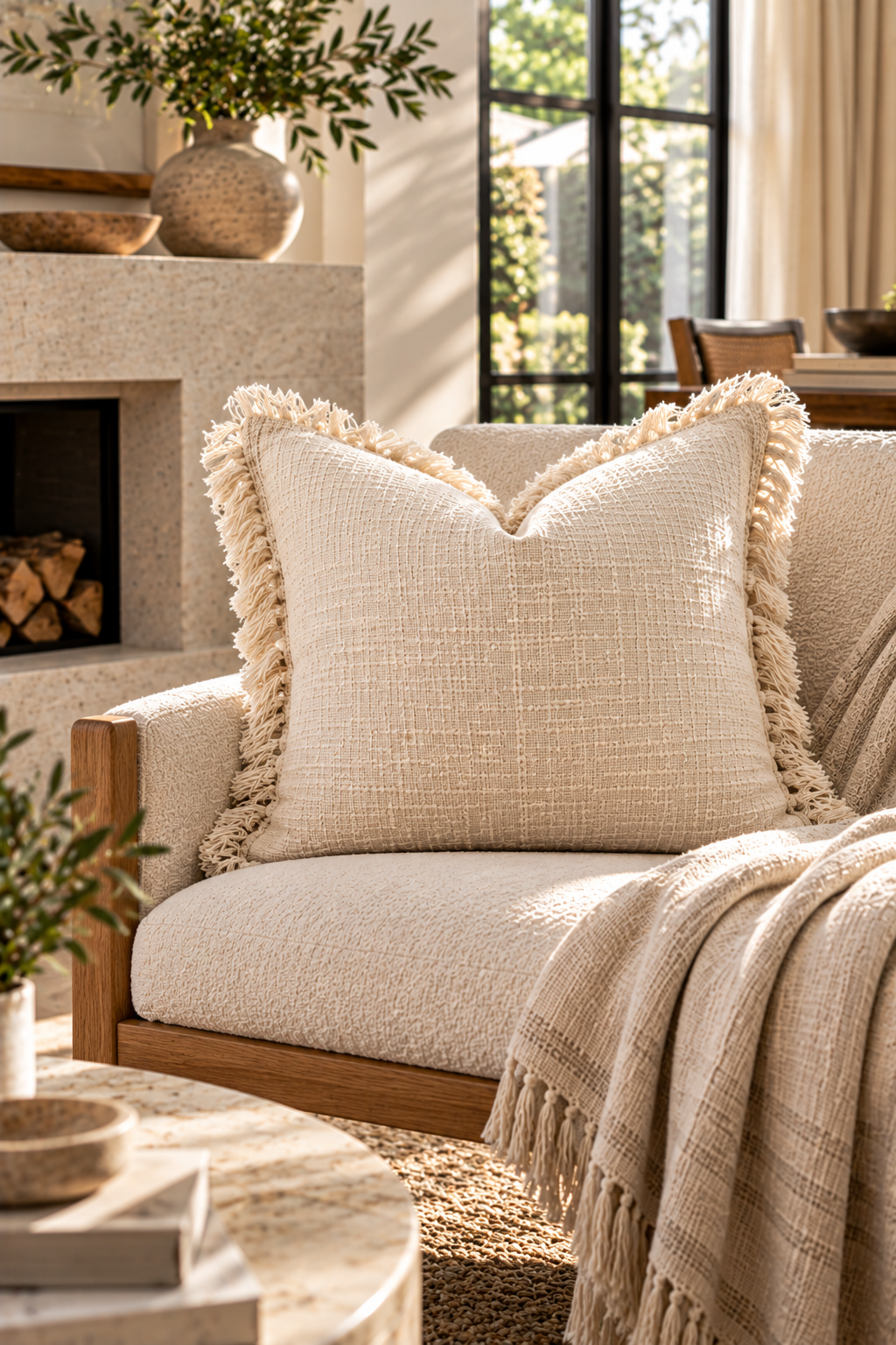 Cream fringed linen pillow cover styled on a textured sofa