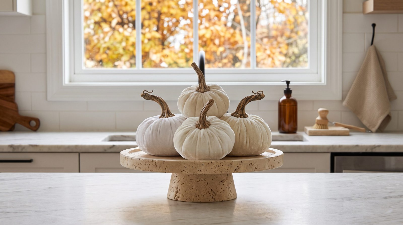 subtle fall kitchen decor ideas with warm neutrals cream velvet pumpkins