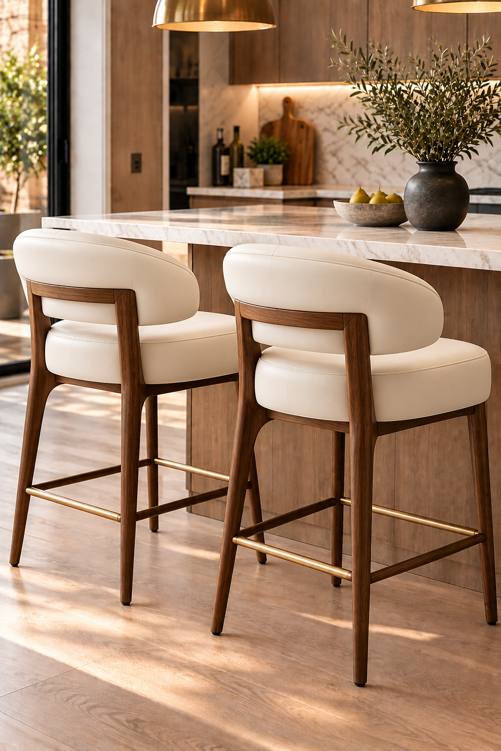 Curved ivory leather counter stool for modern kitchen island