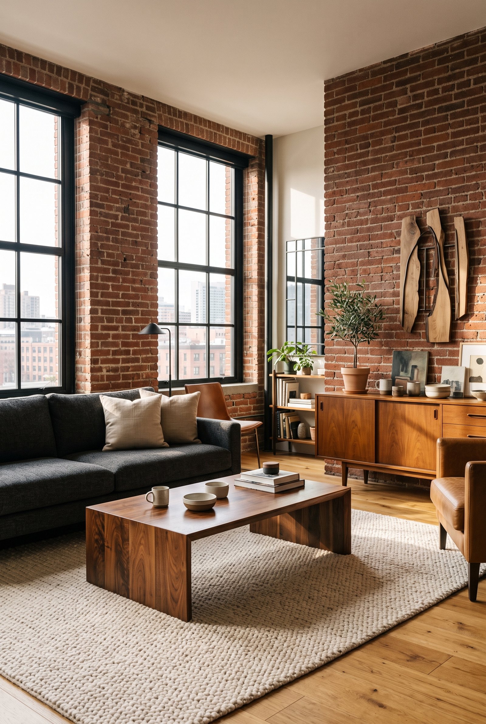Industrial living room with dark furniture, warm natural wood, exposed brick, and neutral decor