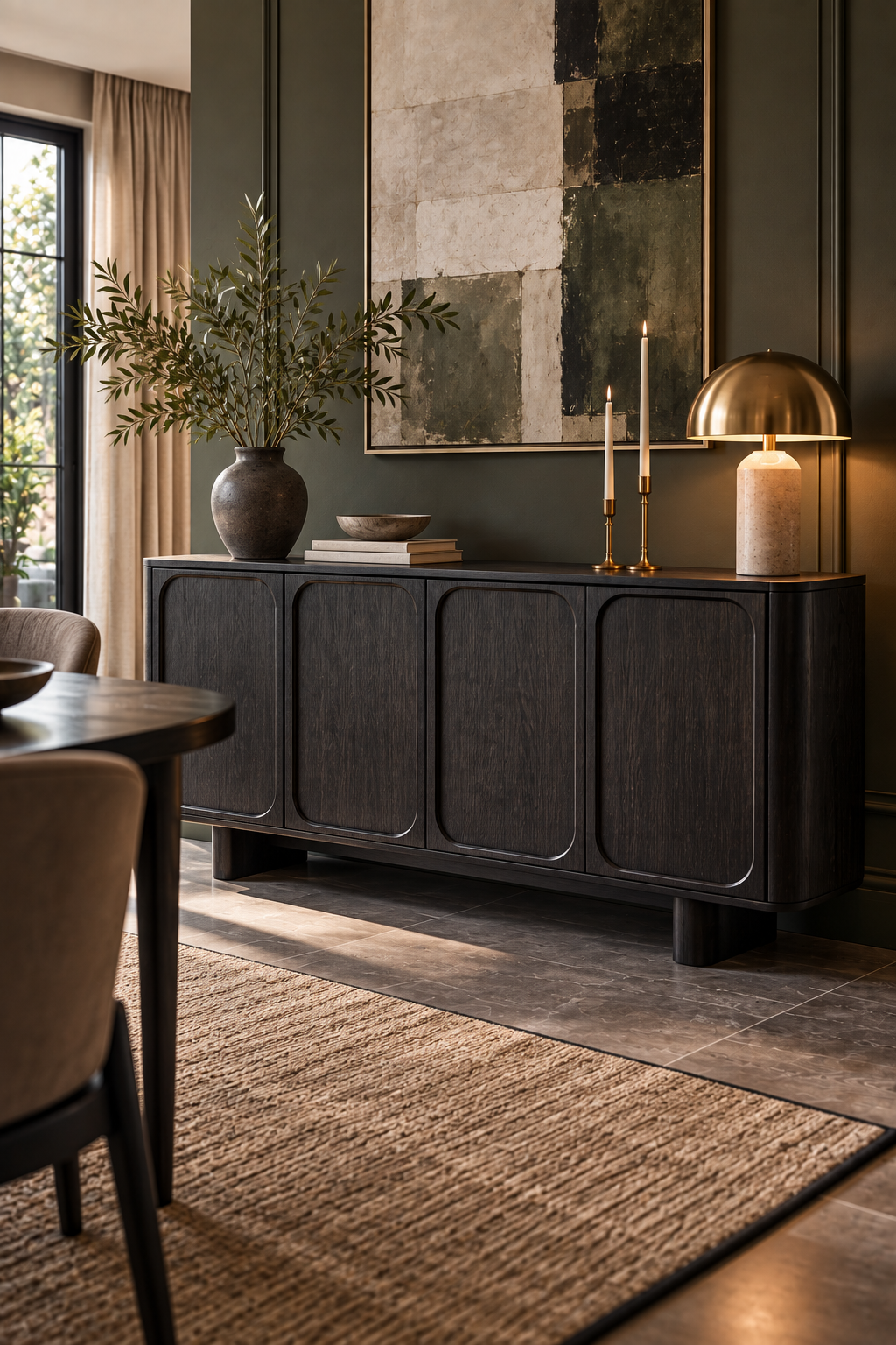 Dark wood fluted credenza with hidden storage in a modern dining room