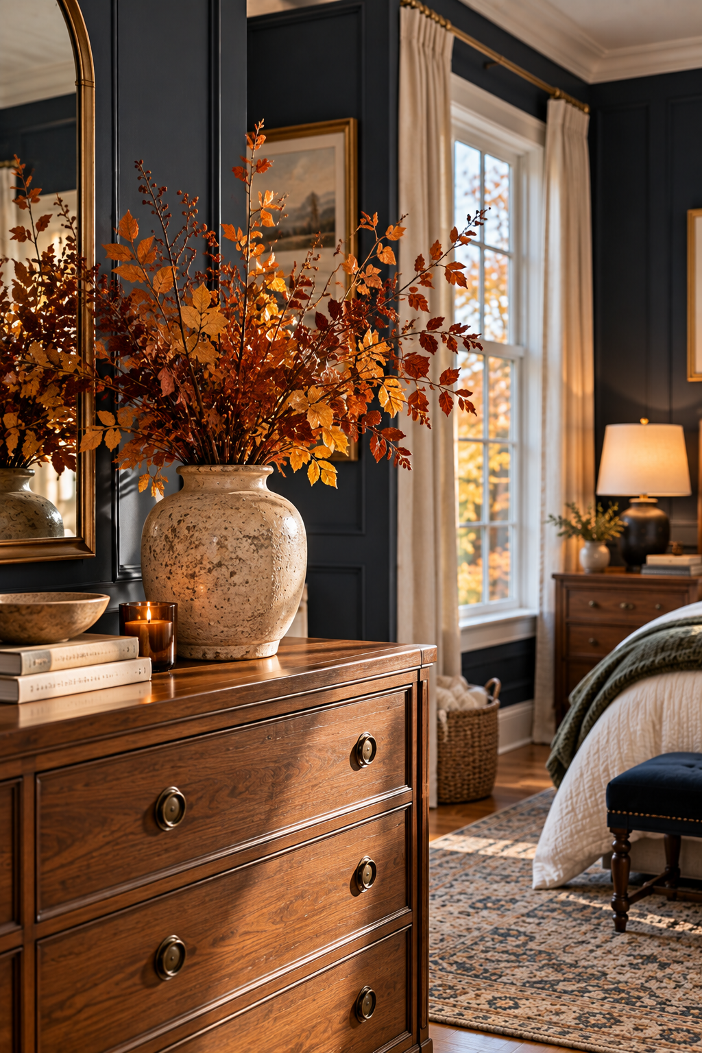 Decorative fall branches and vase for stylish fall bedroom decorating ideas
