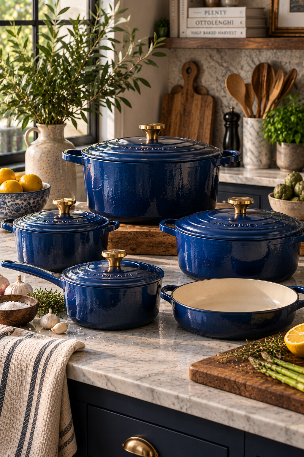 Deep blue enameled cookware in a stylish modern kitchen