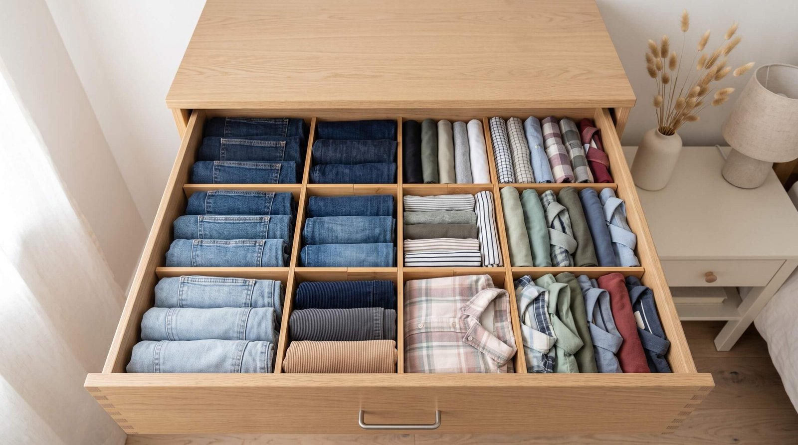 Deep dresser drawer organized with vertical clothing rows and bamboo dividers