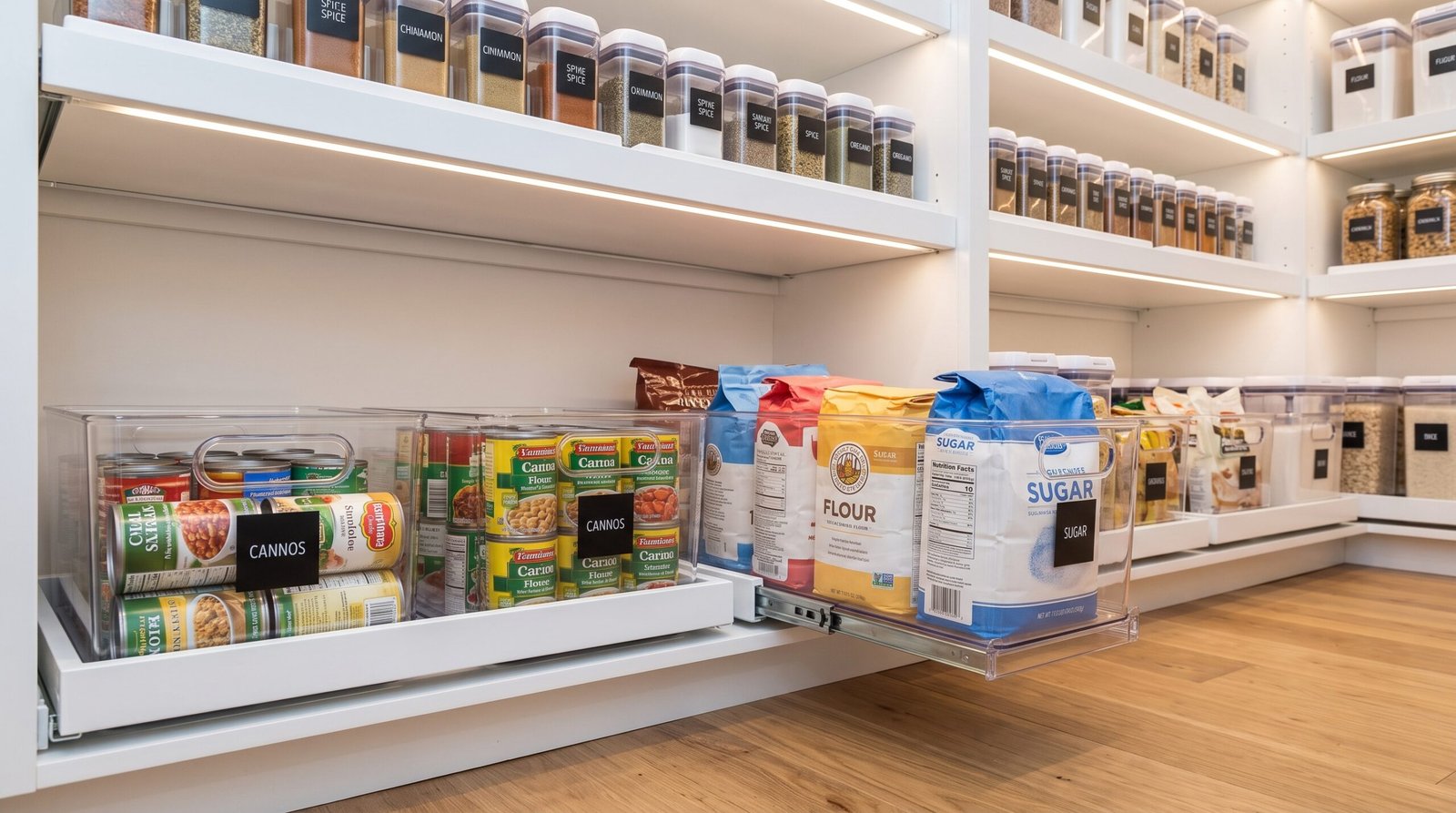 walk-in pantry organization ideas with clear bins deep pull out lower shelves