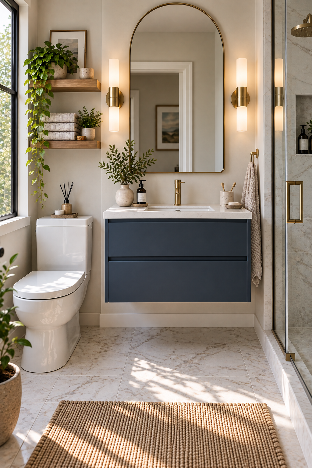 Floating vanity with deep storage drawers in a compact modern bathroom