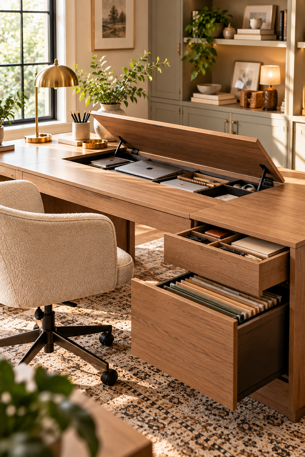 Desk with hidden storage for an organized home office