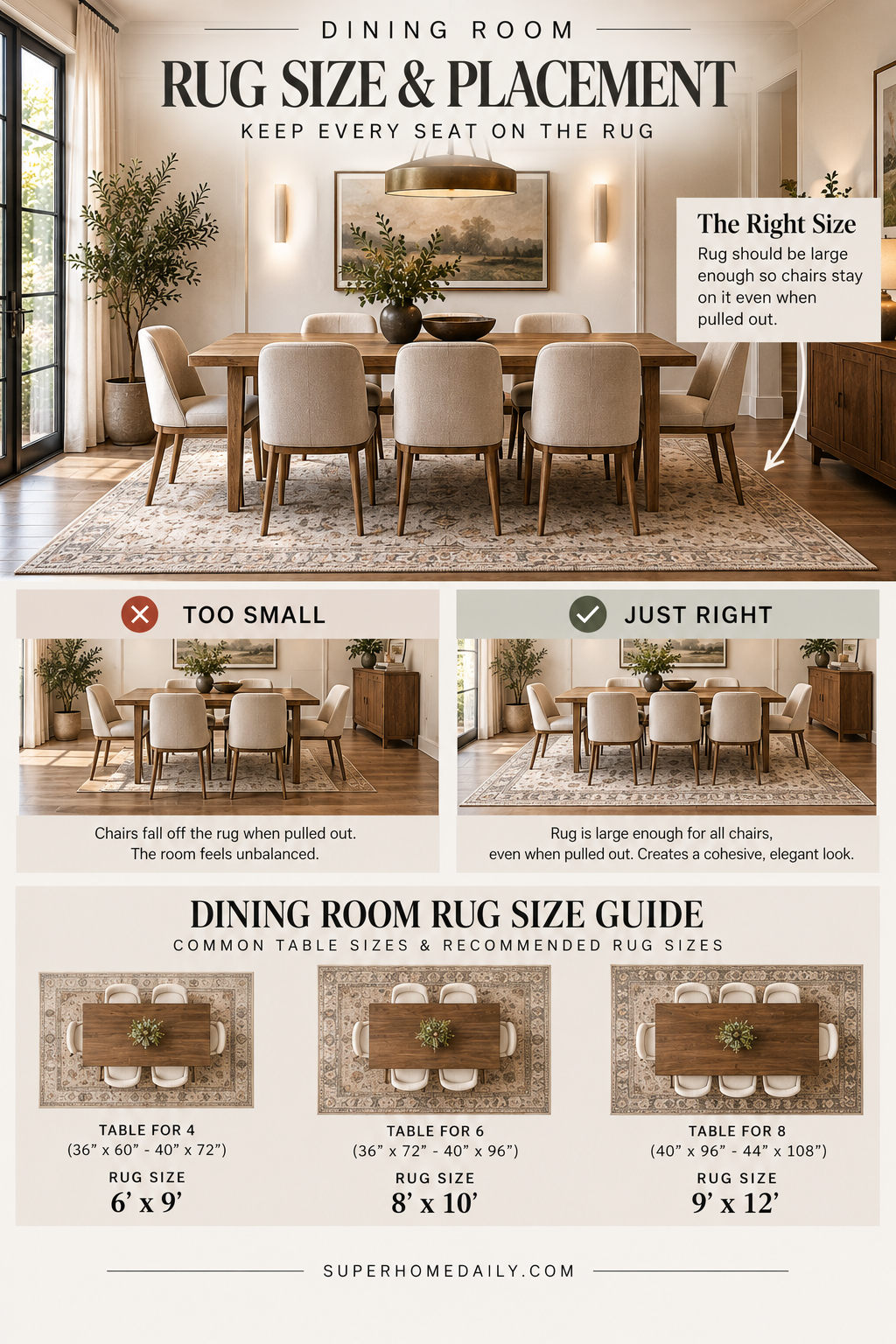 Dining room rug size and placement guide showing chairs remaining on the rug when pulled out