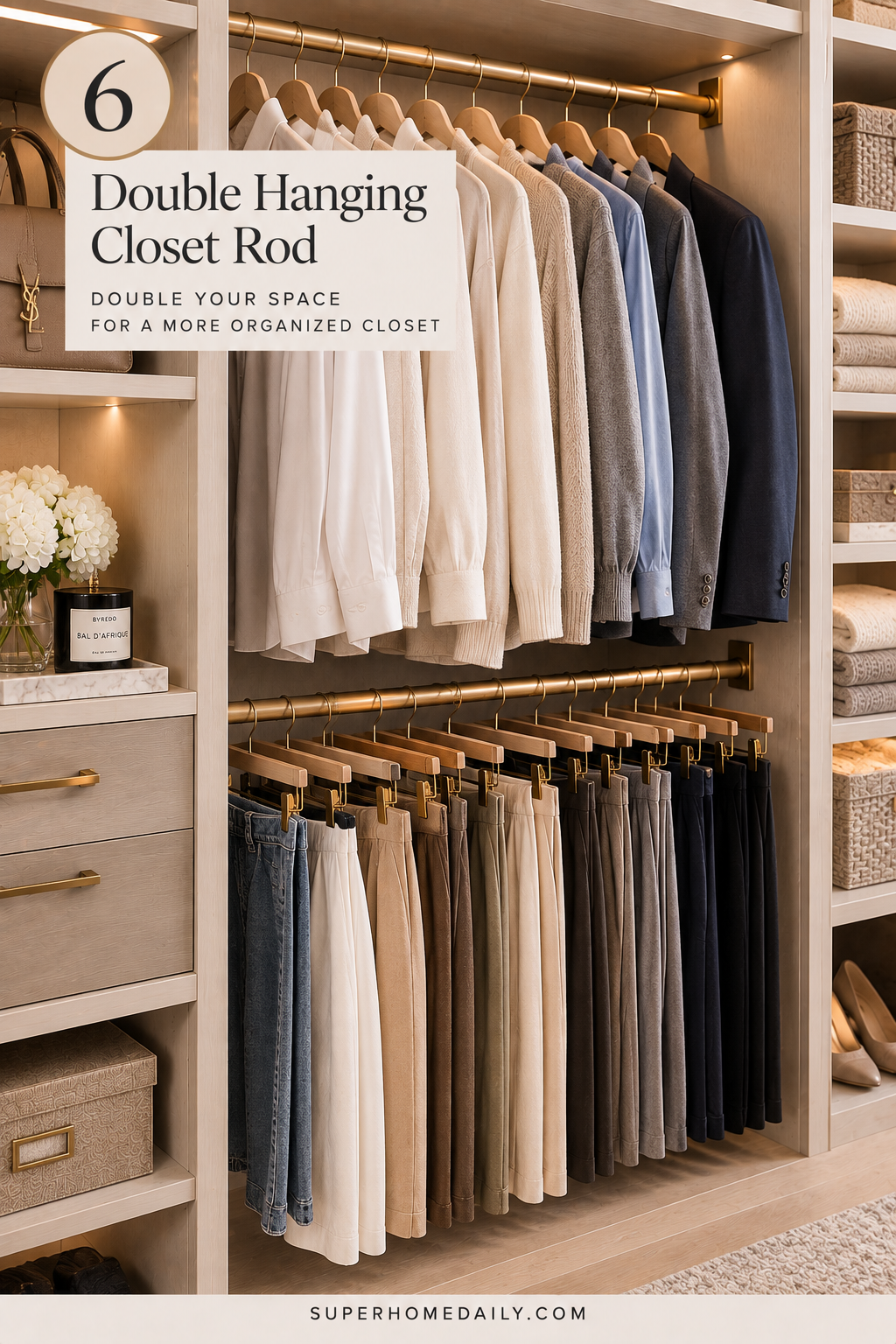 Double hanging closet rod maximizing clothing storage in a luxury walk-in closet