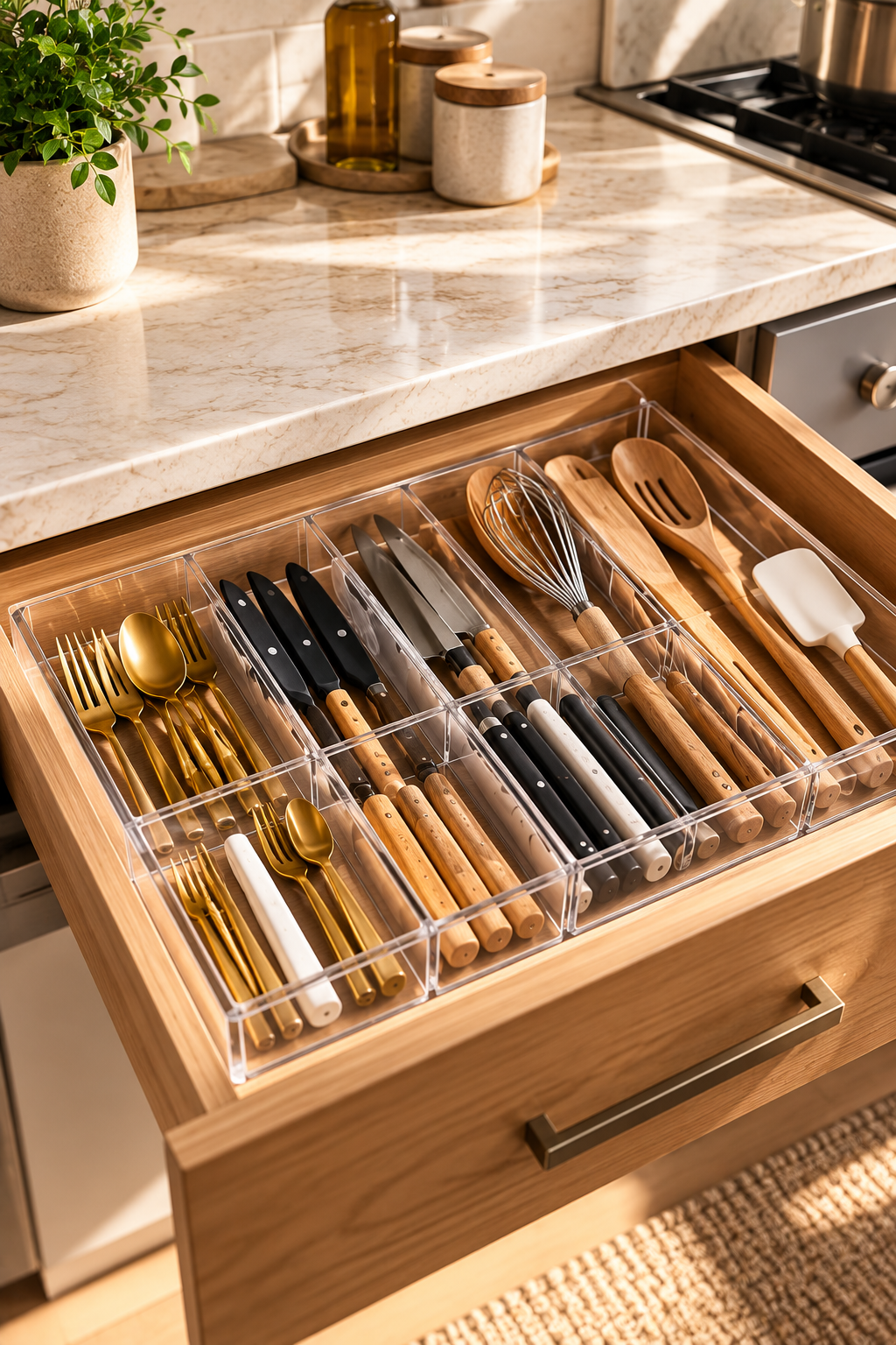 Drawer dividers for smart home organizers and clutter-free kitchen storage