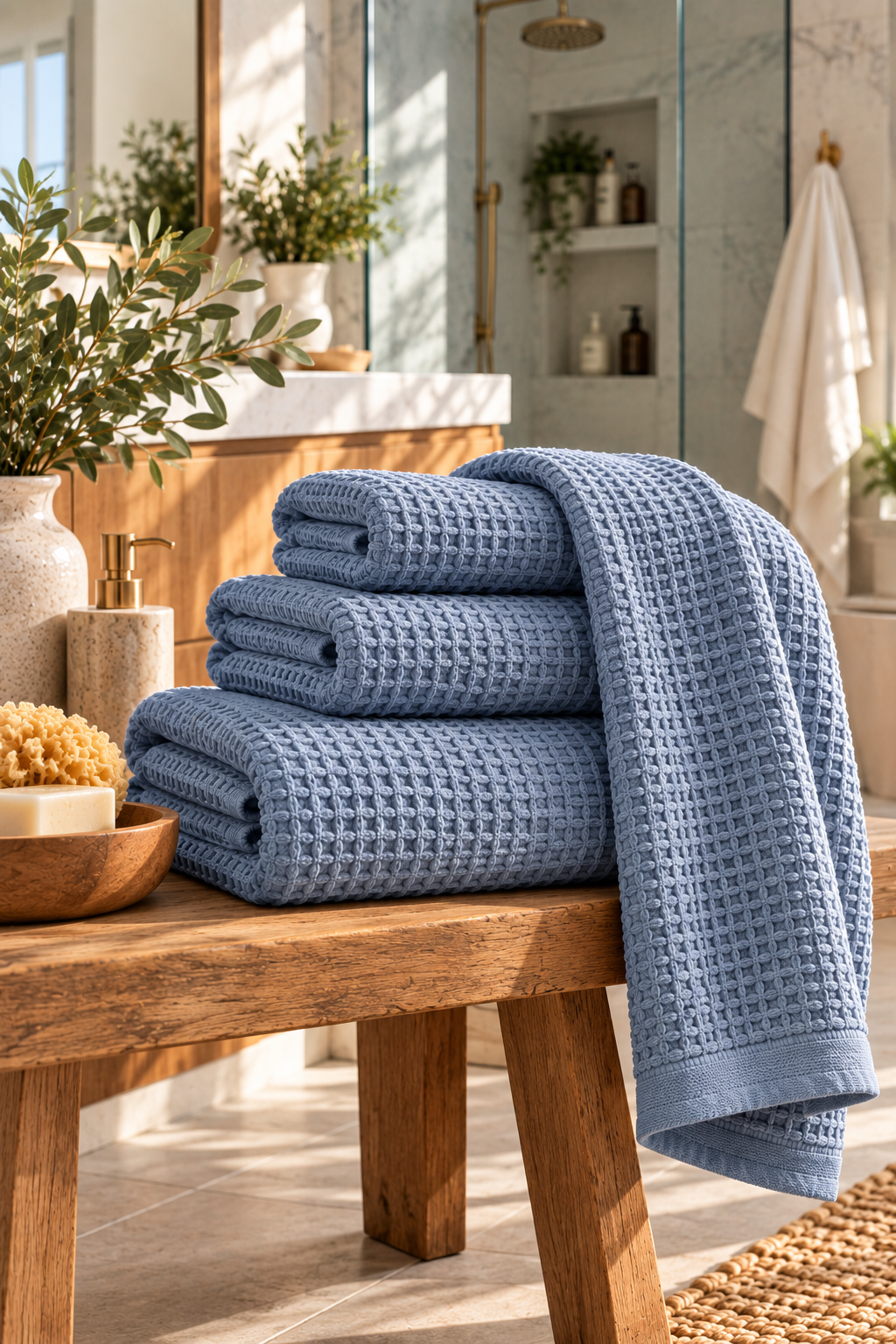 Dusty blue organic waffle weave bath towel in a classic American bathroom
