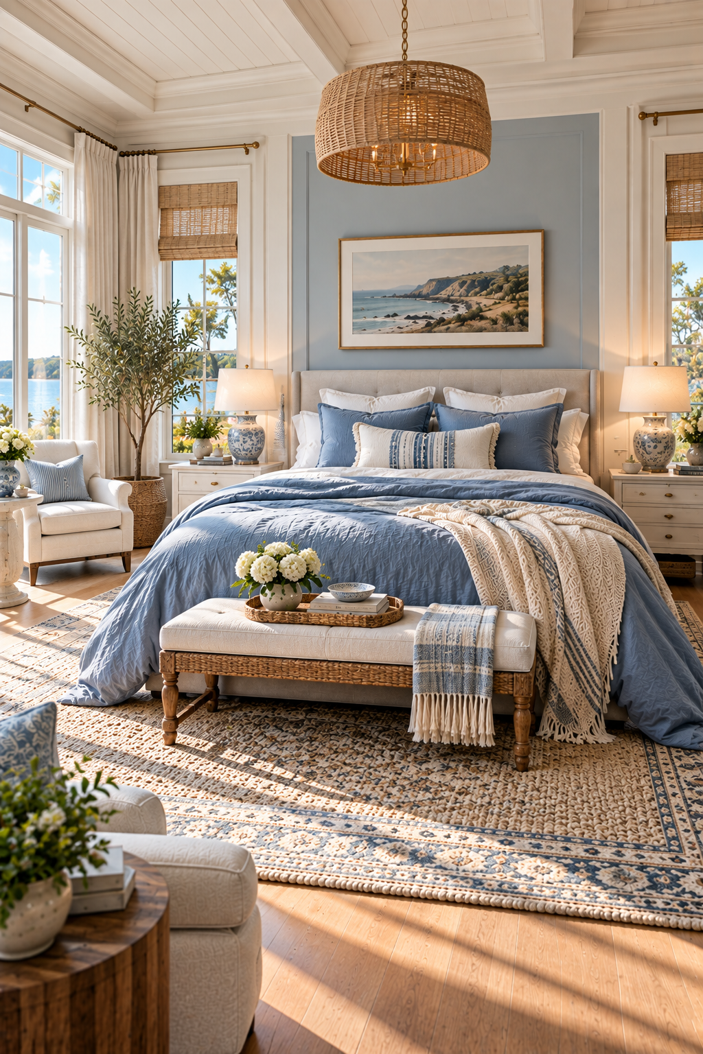 Dusty blue washed linen duvet cover set styled in a New England coastal bedroom