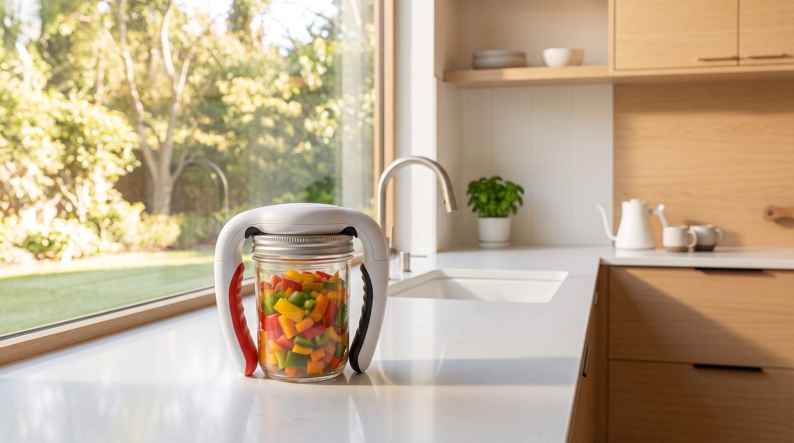 Compact white hands-free electric jar opener on a minimalist kitchen countertop