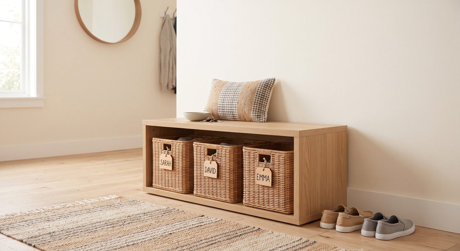 small entryway shoe storage solutions for big families with bench and baskets