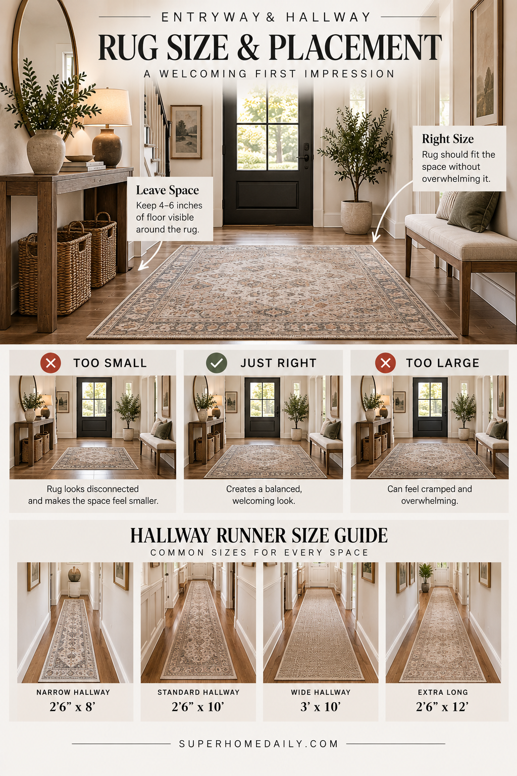 Entryway and hallway rug sizing guide showing properly proportioned rugs and runners