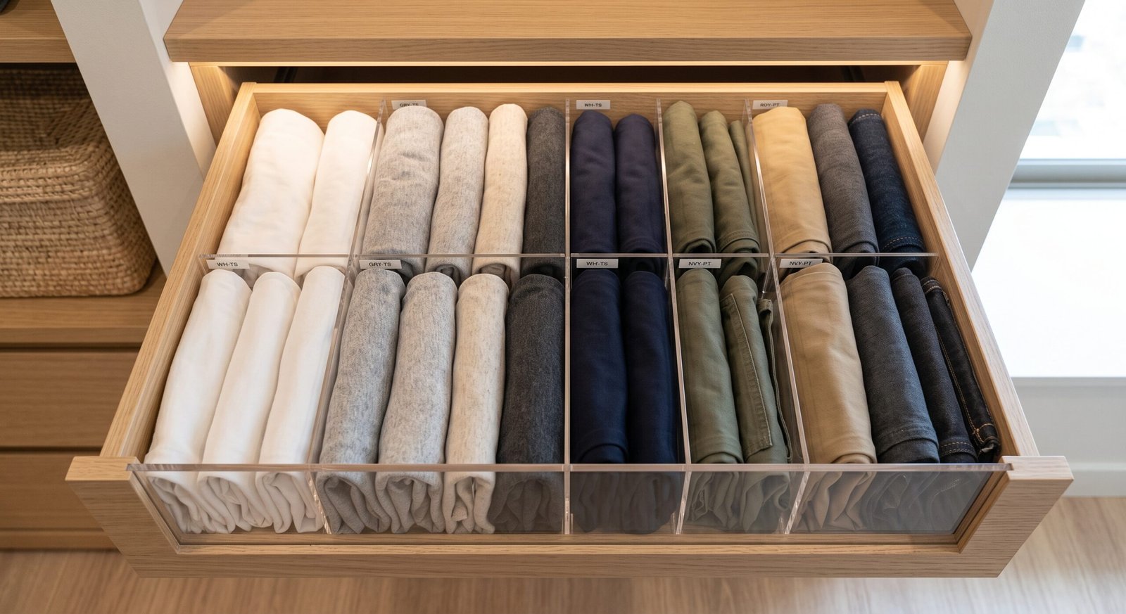 capsule wardrobe organization tips with vertical file folding in drawers