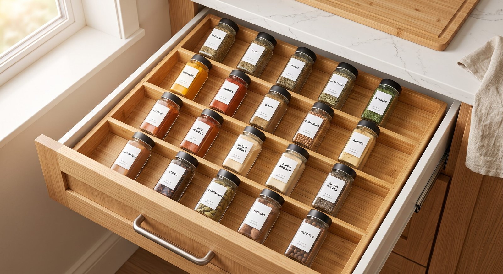 spice drawer organization ideas featuring expandable bamboo tray