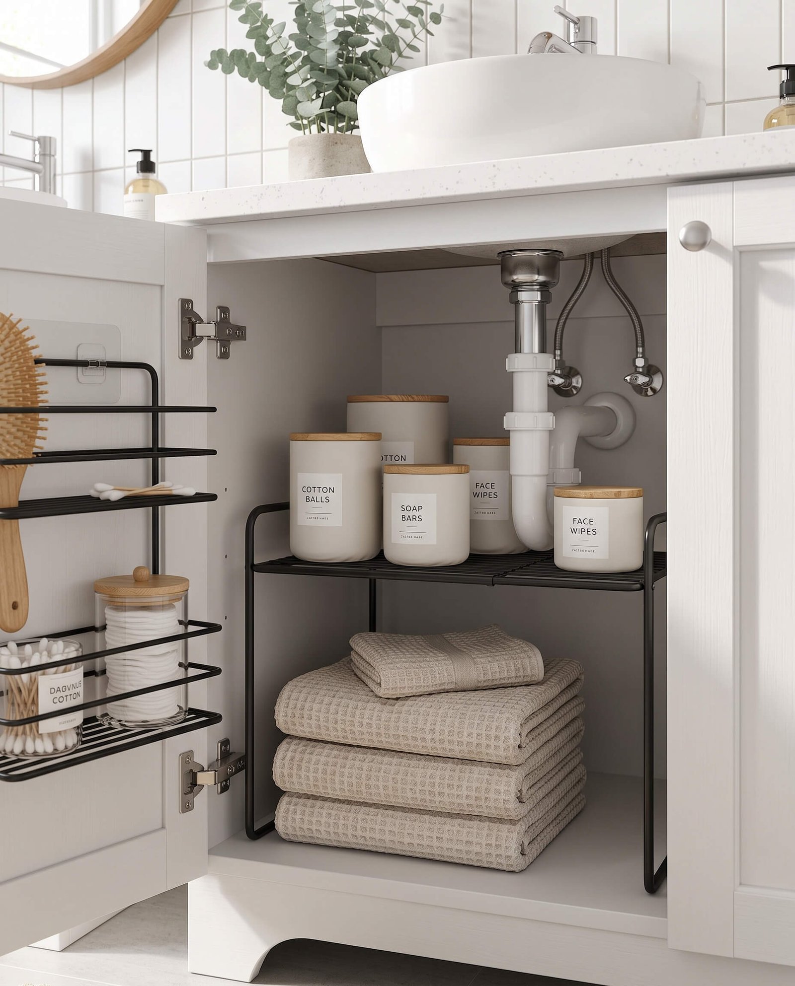 expandable pipe organizer shelf under bathroom sink