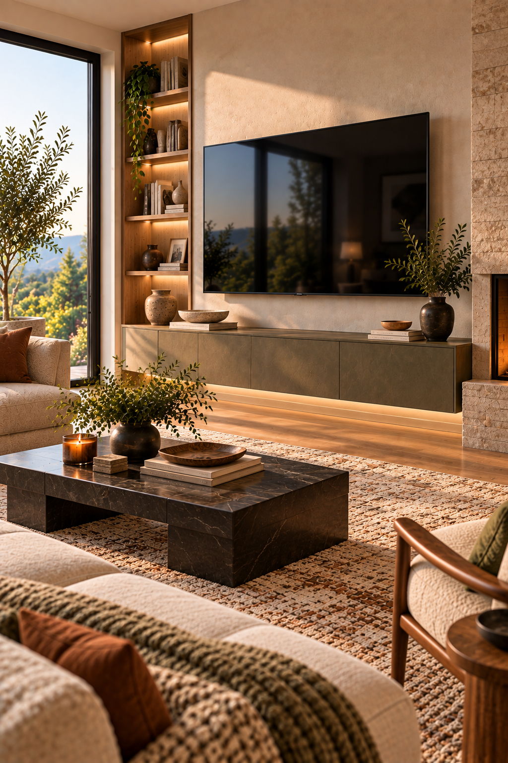 Extra-long minimalist floating TV console with concealed cable management in a spacious modern living room